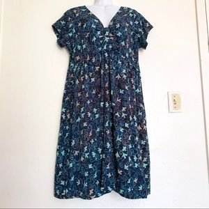 Blue Pink Floral Rayon Short Sleeve Flare Dress